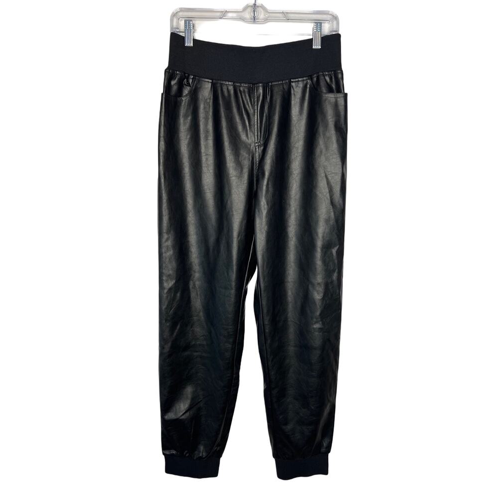 Kendall + Kylie Black Faux Vegan Leather Stretch Waist Jogger Track Pants Size L